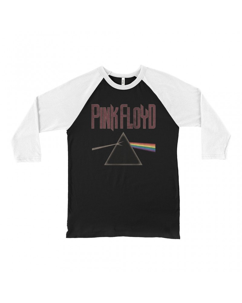 Pink Floyd 3/4 Sleeve Baseball Tee | Dark Side Of The Moon Muted Retro Design Distressed Shirt $11.38 Shirts