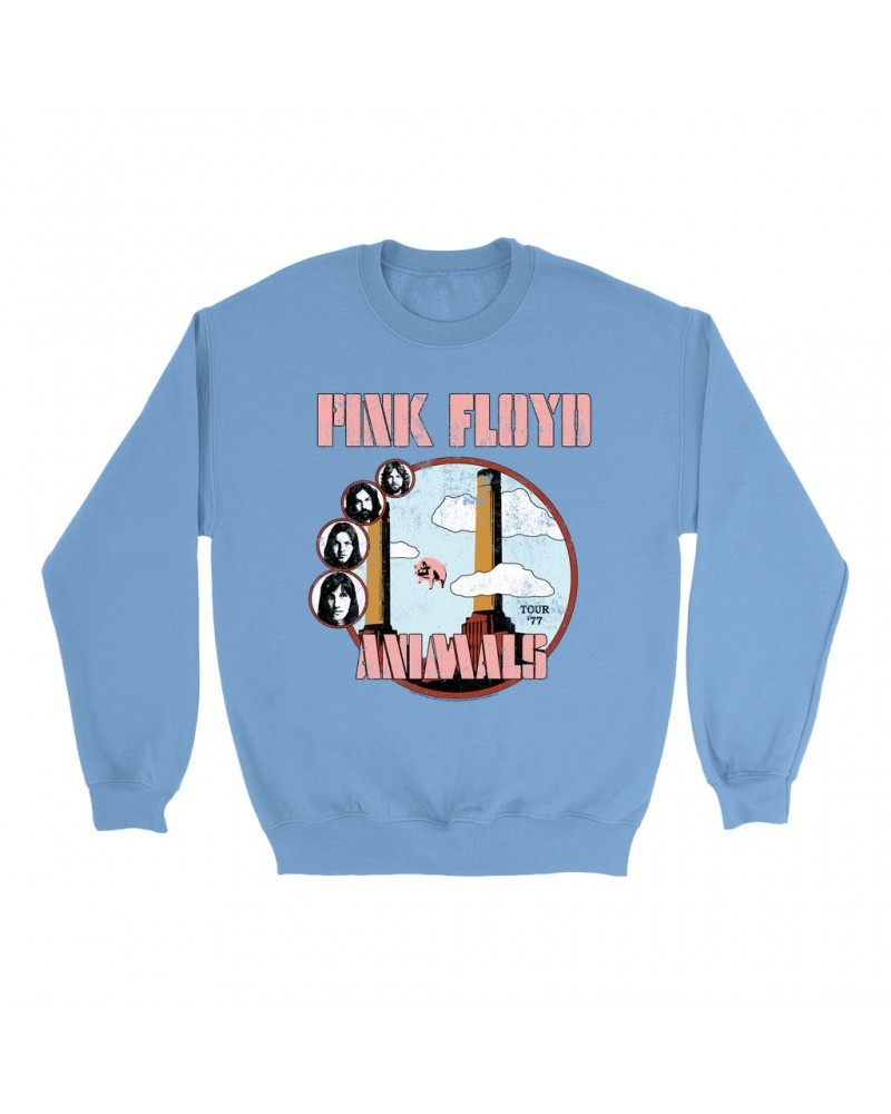 Pink Floyd Bright Colored Sweatshirt | Animals '77 Tour Pastel Design Distressed Sweatshirt $13.63 Sweatshirts